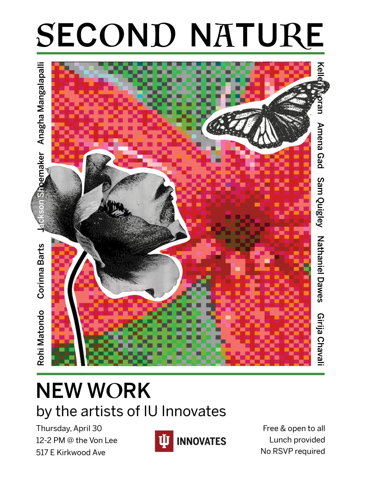 Poster for Second Nature, an exhibition of new work by artists of IU Innovates
