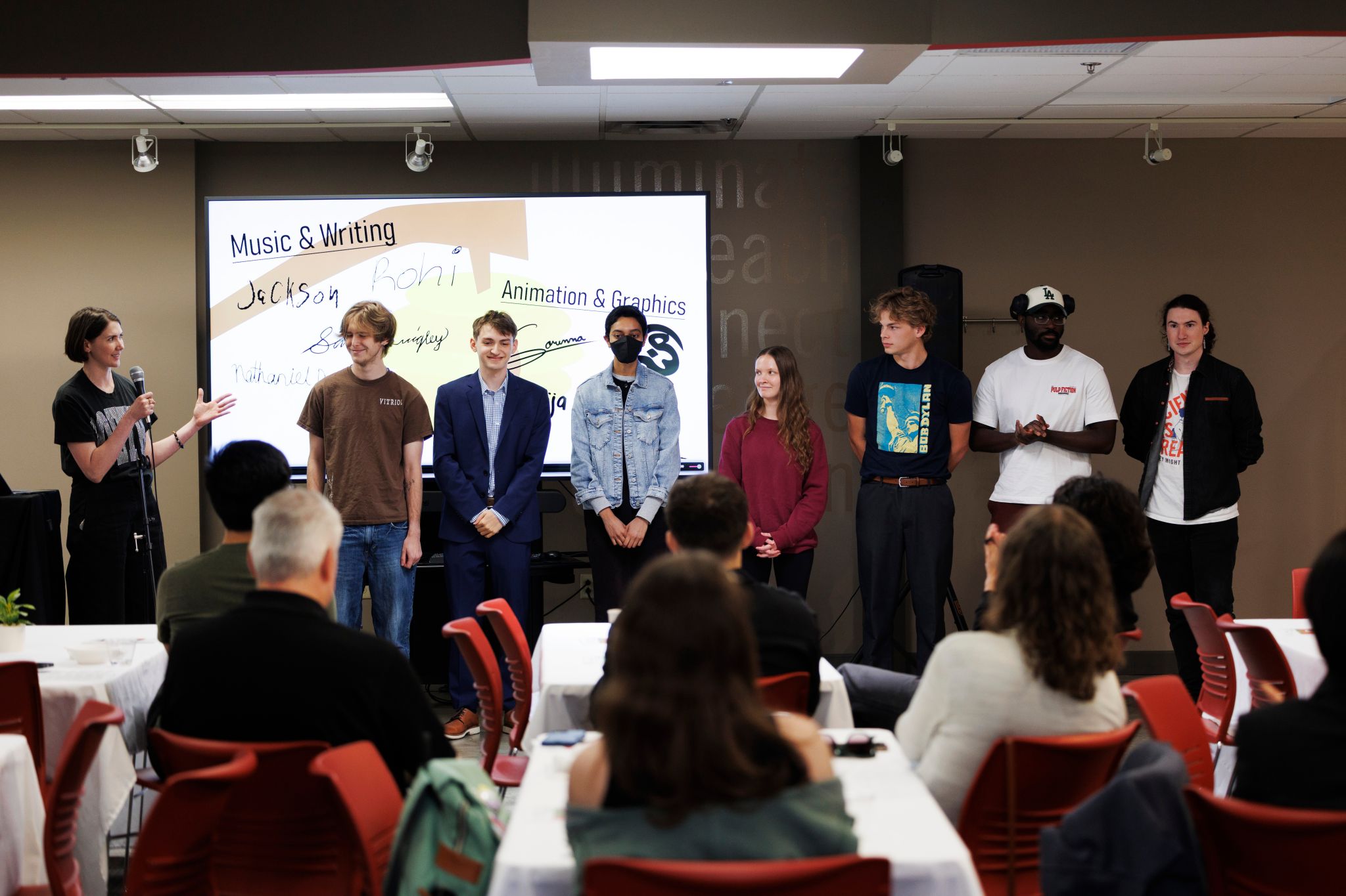Artists from IU Creates presenting their work to an audience at Second Nature